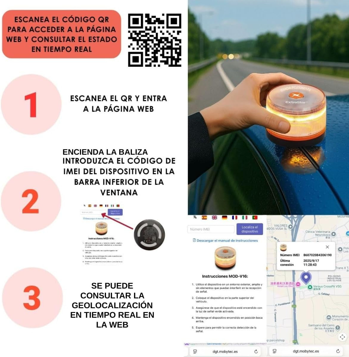 HIBRON EXTRASTAR Luz Emergencia Baliza V16 Homologada DGT Con Geolocalización, Baliza Coche Conectada DGT 3.0, Datos Incluidos Hasta 12/2038