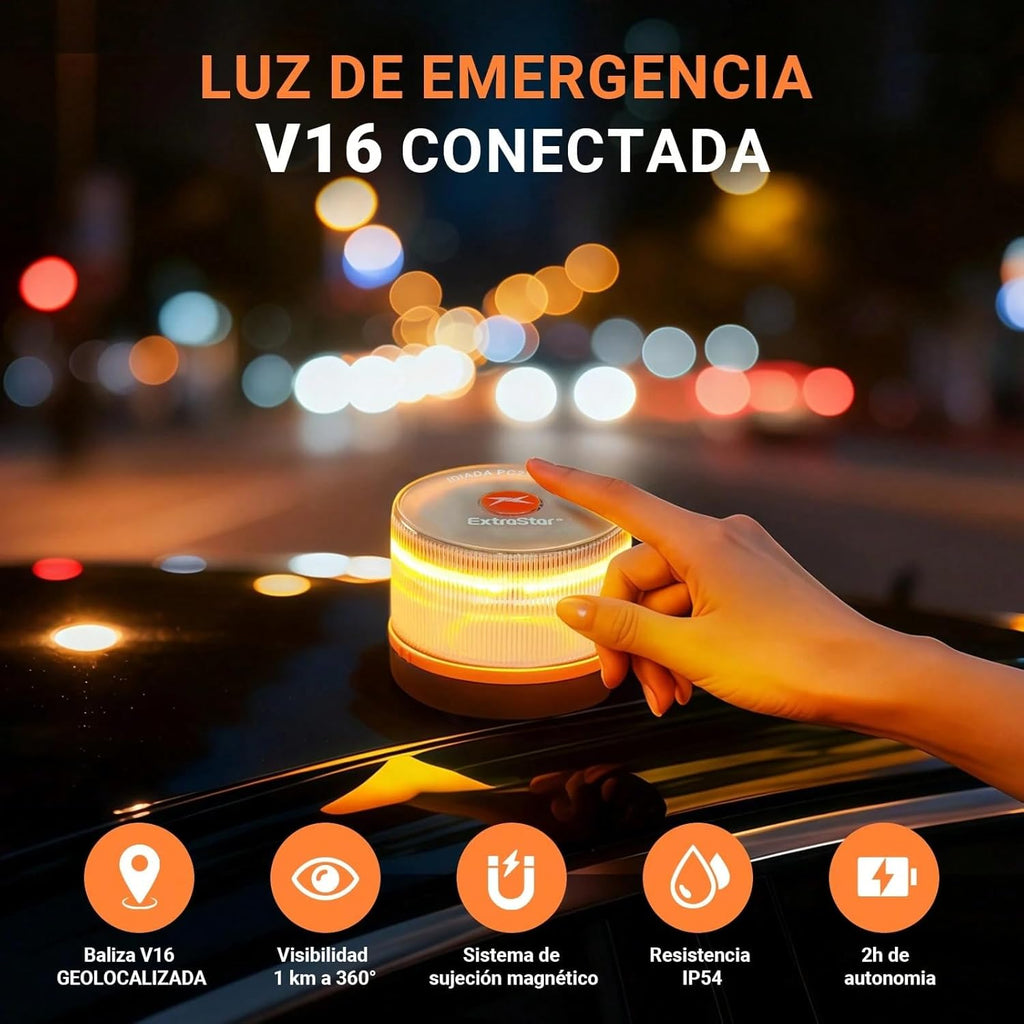 HIBRON EXTRASTAR Luz Emergencia Baliza V16 Homologada DGT Con Geolocalización, Baliza Coche Conectada DGT 3.0, Datos Incluidos Hasta 12/2038